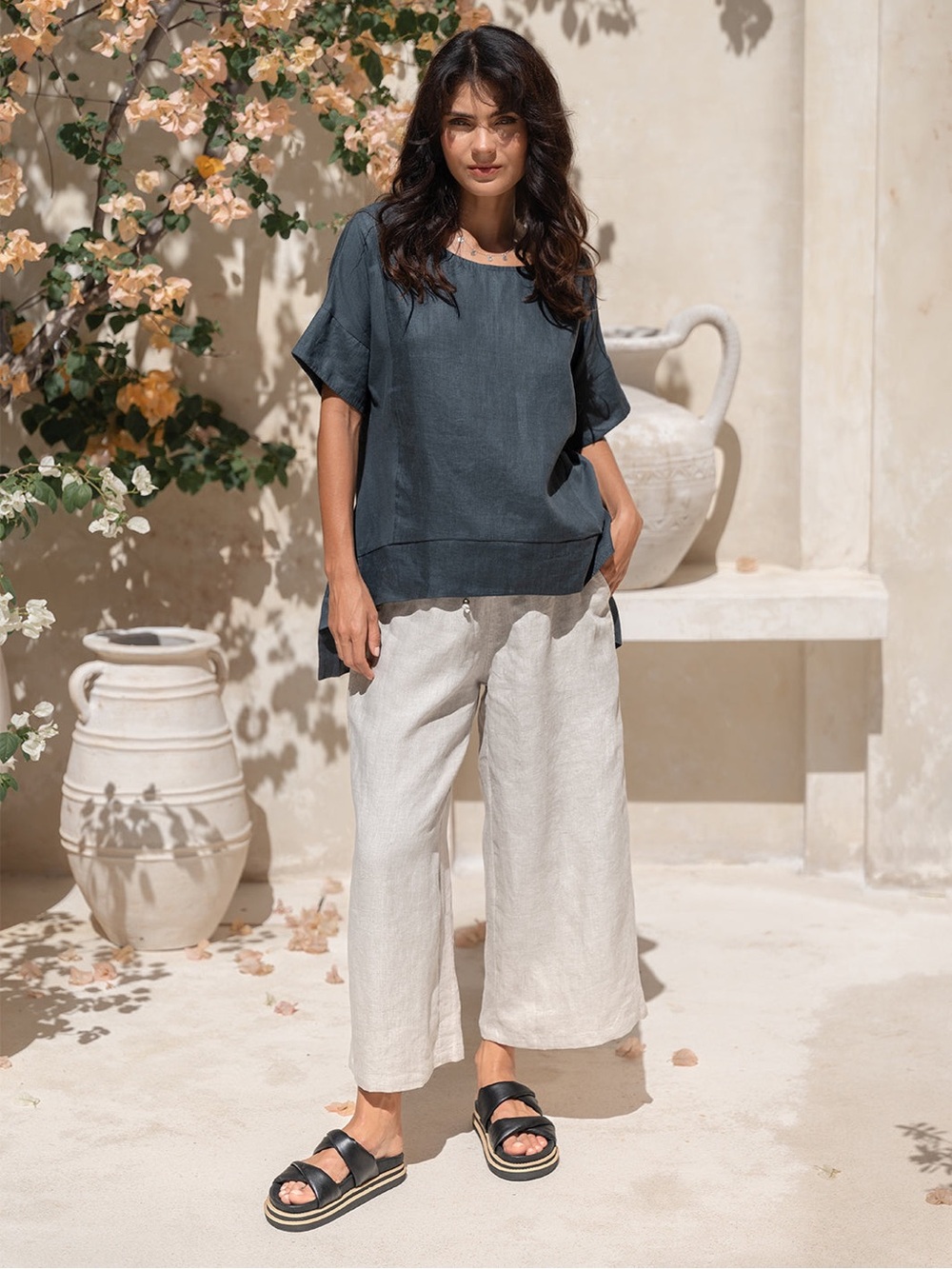 Nomad The Label Costa French Linen And Cotton Top Charcoal M/L Coastal Lagenlook